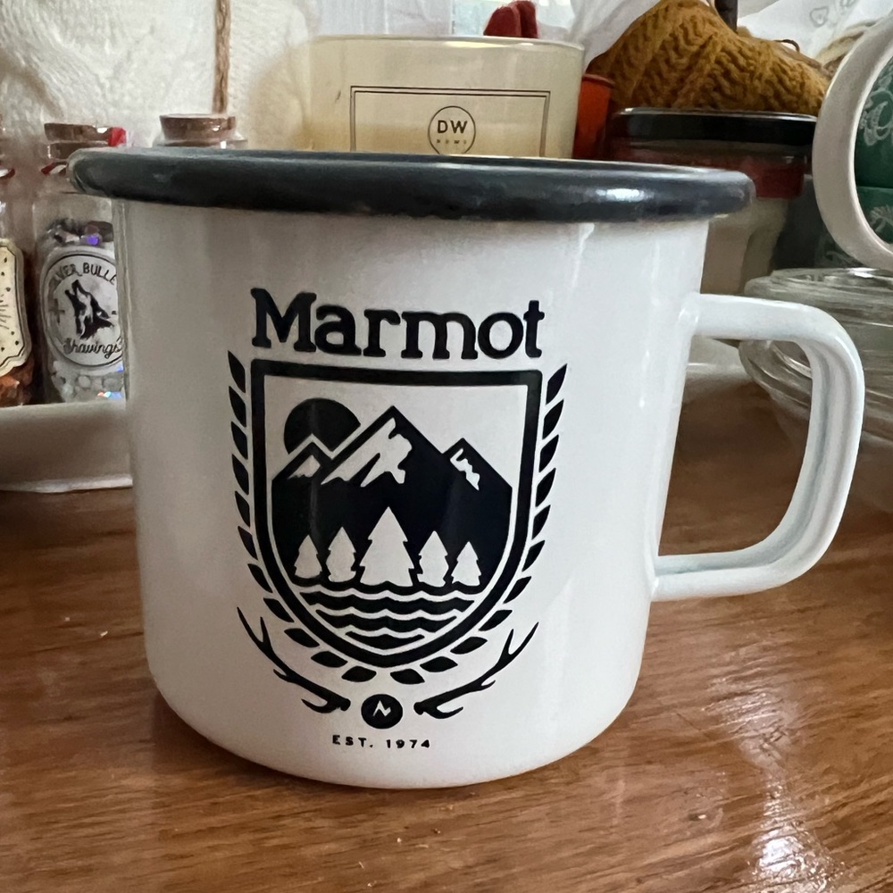 Marmot camping mug.  White.   Blue logo.  Enamel.